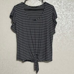 Kim & Cami Striped Tie Front Top Black White Flutter Short Sleeve Blouse L